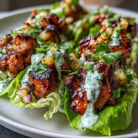 Jerk chicken lettuce cups with spicy marinated chicken, fresh mango salsa, and creamy coconut crema served in crisp butter lettuce leaves.  