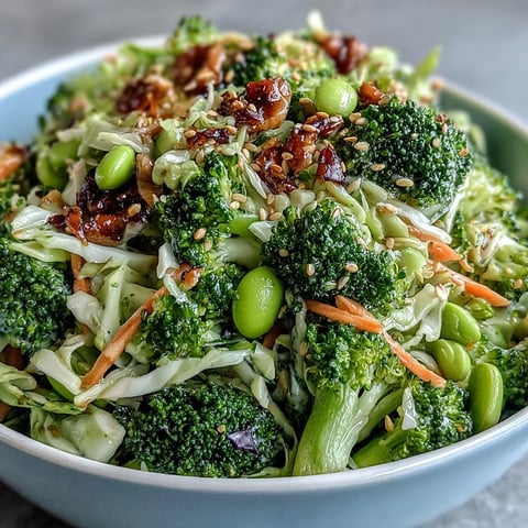 Fresh broccoli crunch salad with vibrant veggies and zesty Asian-inspired dressing, topped with toasted sesame seeds for extra flavor and texture.