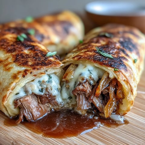 Crispy tortilla roll ups filled with roast beef, melted provolone, and crunchy onions, baked golden and served with warm au jus.