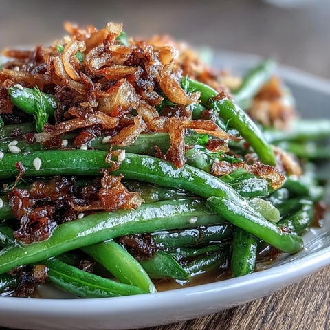 Aromatic green beans sautéed with garlic and sesame, topped with golden crispy onions for irresistible crunch and flavor.