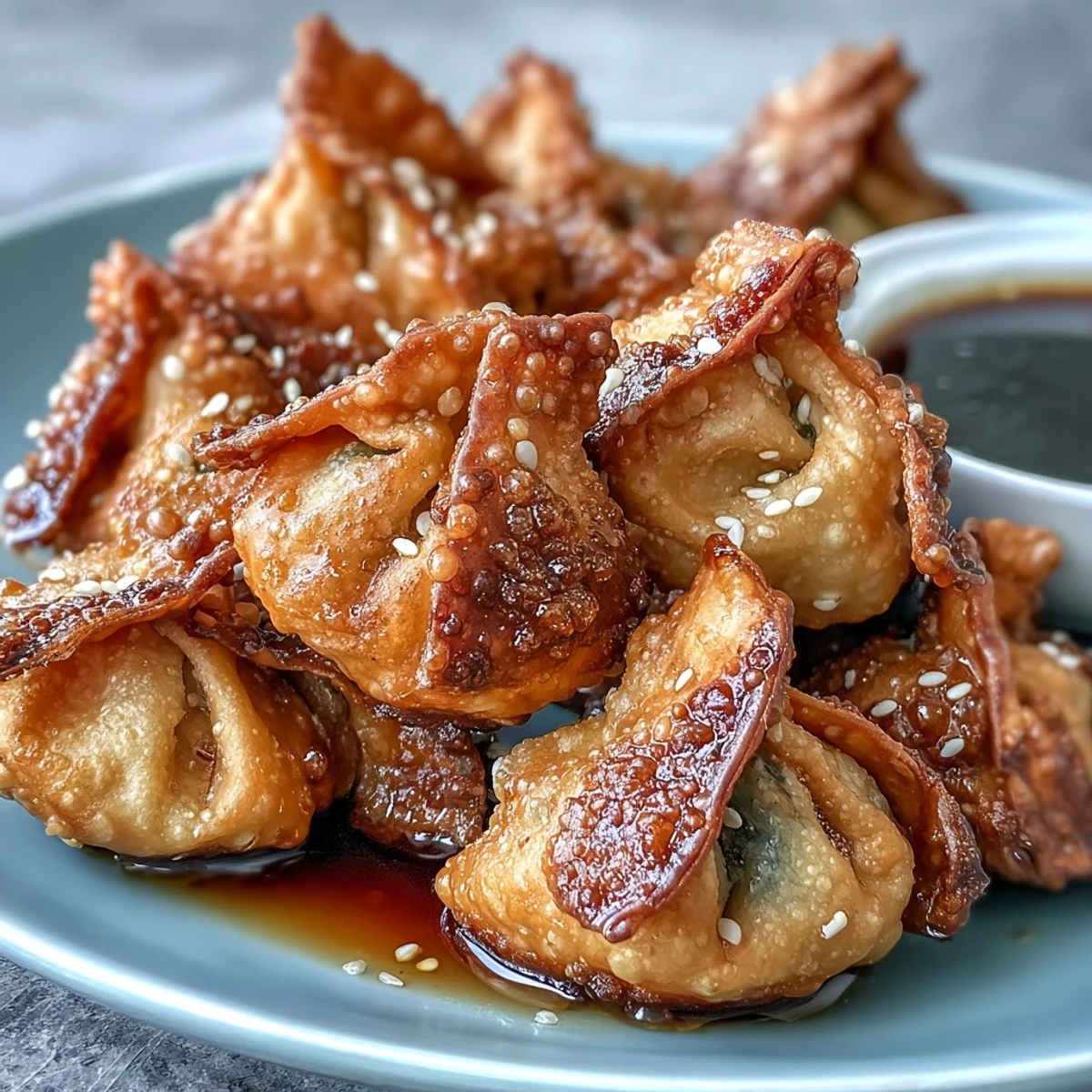 Golden air fryer dumplings with savory filling and crispy edges, served with aromatic soy ginger dipping sauce for a perfect appetizer.  