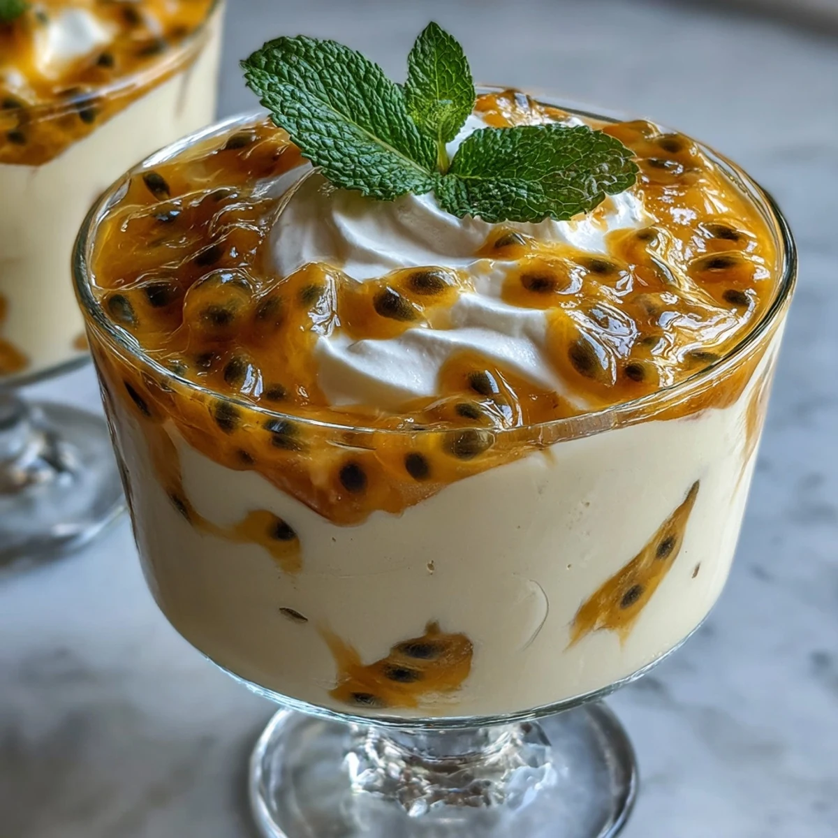 A creamy, airy passionfruit mousse with vibrant yellow pulp and fresh mint garnish in elegant dessert glasses.