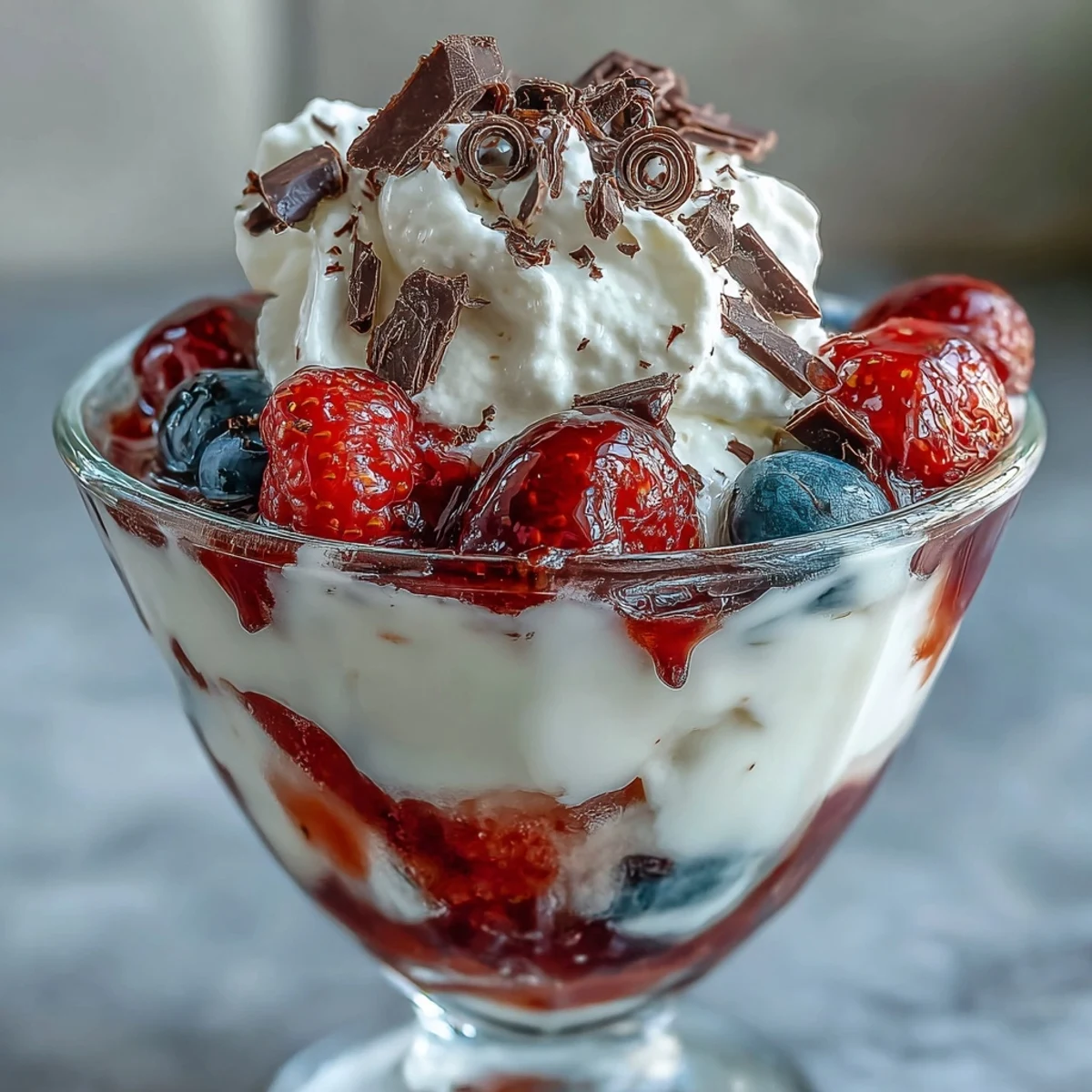 Fluffy Yogurt Berry Sundaes with Dark Chocolate Shavings topped with fresh berries and mint leaves.
