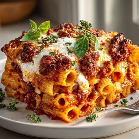 Golden, cheesy One-Skillet Baked Ziti, fresh herbs sprinkled, perfect for easy weeknights.