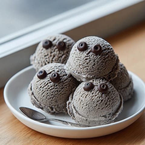 Homemade Black Sesame Ice Cream churning in a machine, a creamy, nutty frozen treat.