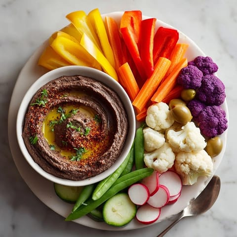 Halloween black bean hummus recipe with creatively cut vegetables for dipping, a healthy snack.