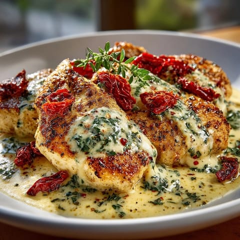 Close-up of decadent &quot;Marry Me Chicken&quot;, plated and garnished with fragrant fresh basil leaves.