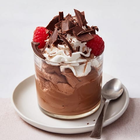 Creamy, rich Chocolate Mousse, garnished with fresh raspberries and dark chocolate shavings.