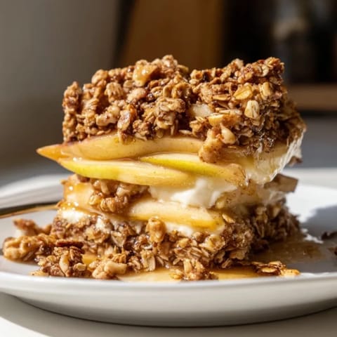 Warm Ricotta Apple Granola Crisp, a spoonful revealing the tender apples and creamy ricotta.