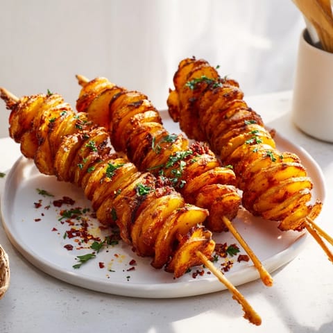 Golden, spiral-cut Air-Fryer Tornado Potatoes, perfect with dipping sauces and garnished.  