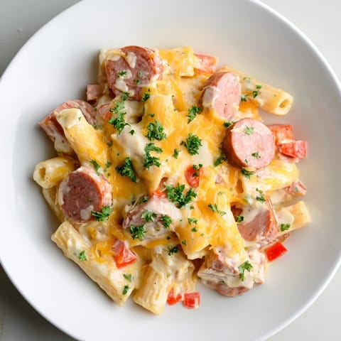 Smoked Sausage Cheddar Pasta Bake