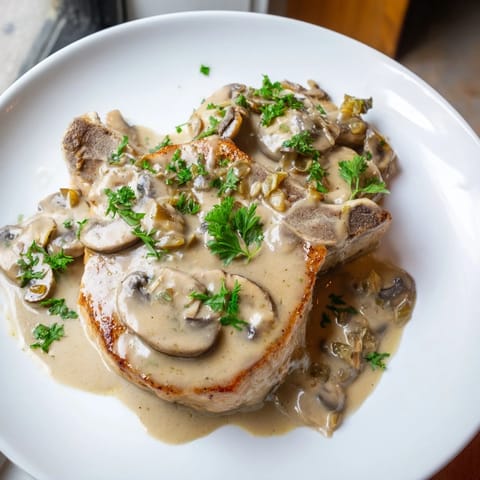 Savory Stove Top Pork Chops with a rich, mushroom gravy, served alongside fluffy mashed potatoes.