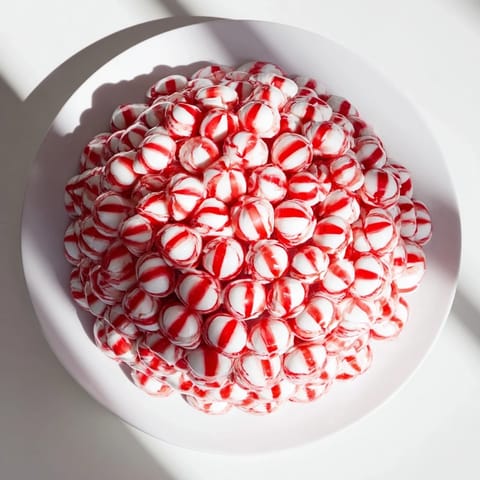 A clear, colorful photo displays the final, edible no-bake peppermint candy bowl filled with treats.