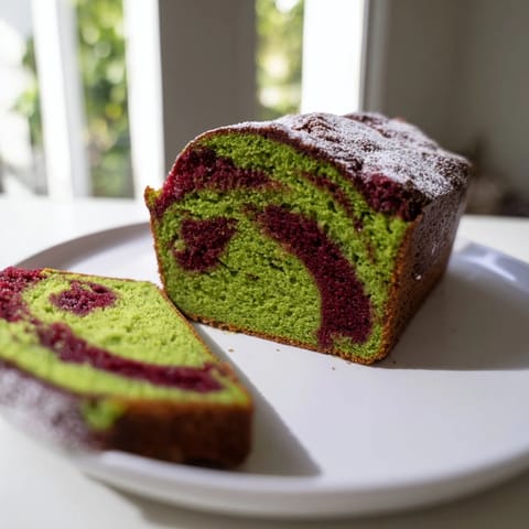 Celebrate colorful treats with a slice of this homemade red & green swirl matcha marble pound cake on a plate.