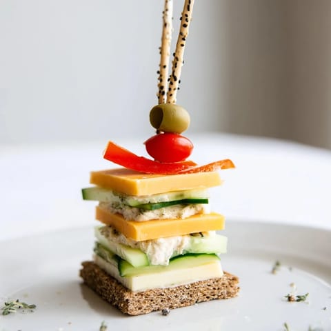 Savory Urban Skyscraper Appetizers, beautifully stacked with cheeses, ready to be enjoyed.