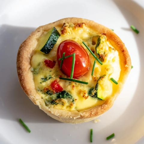 These savory Couronne Florale Mini Quiches feature a wreath of quiches, garnished with fresh herbs and tomatoes.