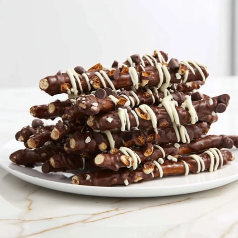 Sweet and salty chocolate covered pretzel stick stacks, arranged and ready for a party dessert.