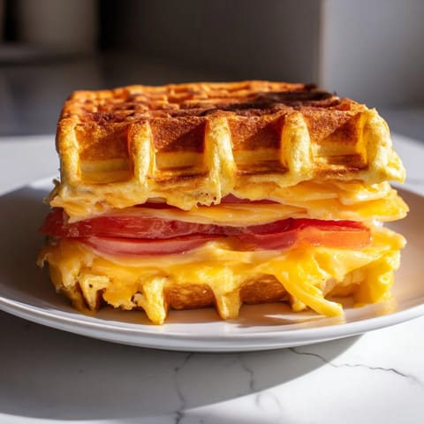 A perfectly cooked Waffle Grilled Cheese, the waffle maker's imprint giving a crunchy texture.