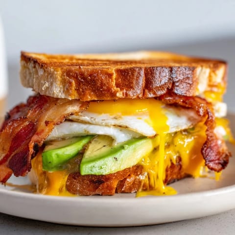 A close-up of a Loaded Breakfast Sandwich: layers of fresh avocado and tomato atop toasted bread.