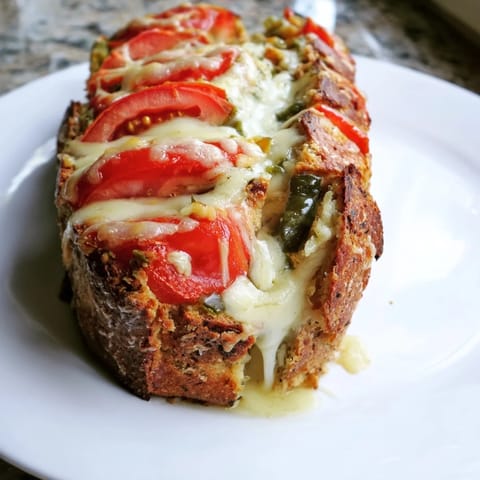 A halved Pepper Jack & Tomato Grilled Cheese, revealing layers of melted cheese and vibrant red tomato slices, served on a wooden board.