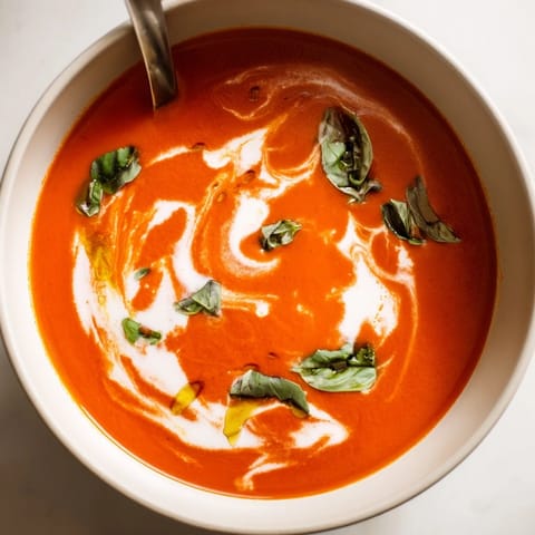 Rustic pot of homemade tomato and basil soup simmering, ready to be ladled into a bowl with crusty bread on the side.