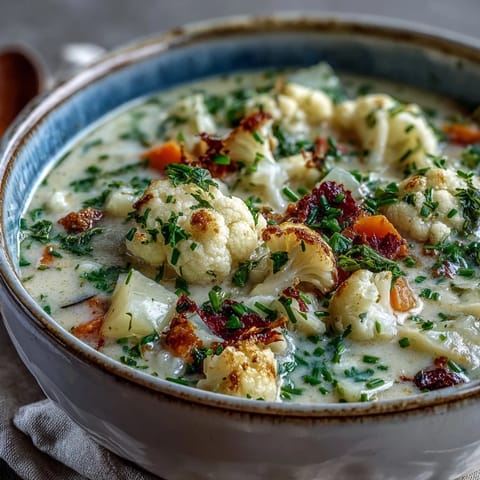 Creamy Vegetarian Cauliflower Chowder served hot in a rustic bowl, topped with fresh chives and shredded cheese.