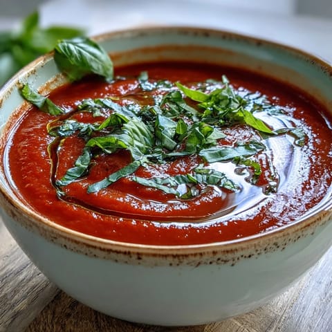 Silky smooth Tomato and Basil Soup served in a rustic bowl alongside crusty artisan bread for dipping.