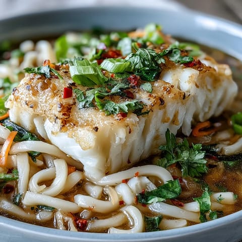 Silky udon noodles and tender poached cod swimming in a warm, spiced coconut broth with colorful vegetables.