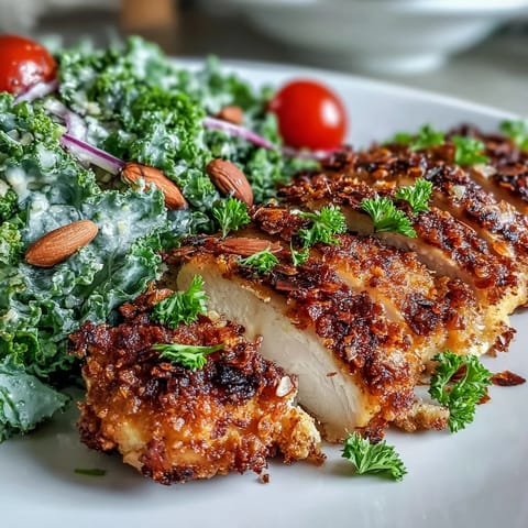 A close-up of crispy almond-parm coated chicken served with marinated kale and sumac salad garnish.