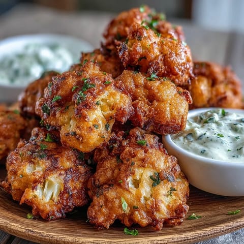 A plate of crispy Cauliflower Bhajis garnished with cilantro, paired with lemon wedges.