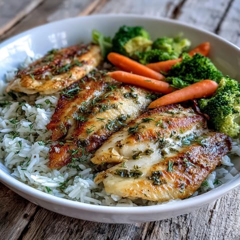 Flaky, tender tilapia seasoned with Italian herbs and lemon sits atop a bed of steamed broccoli, carrots, and fluffy rice in this easy bowl.  