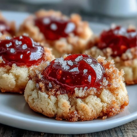 Freshly baked Guava Jam Thumbprint Cookies on a wire rack, showing golden edges and a glossy, pink guava jam center.