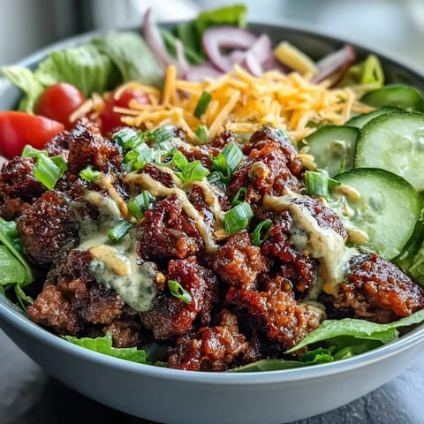 Bright tomatoes and dill pickles add crunch to a low-carb High-Protein Cheeseburger Bowl, served with a creamy homemade dressing.
