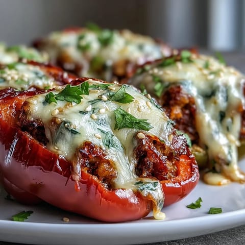 Golden-baked Korean-Style Turkey Stuffed Sweet Peppers feature melted mozzarella and a savory gochujang glaze, served hot and bubbling from the oven.