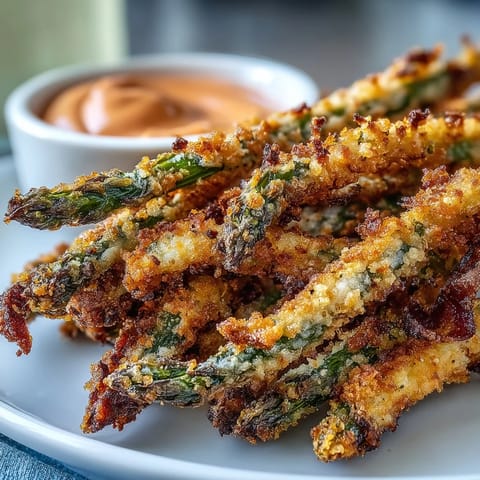 Golden-brown Crispy Chili-Garlic Asparagus Fries topped with fresh parsley and a creamy sriracha mayo dip.