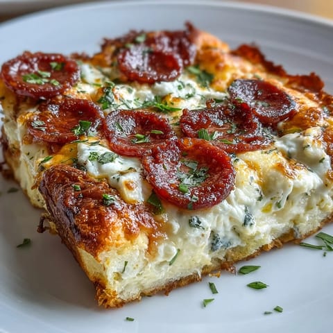 Freshly baked High-Protein Pizza Breakfast Casserole with golden bubbly cheese, turkey pepperoni, and fluffy eggs on a yogurt crust.