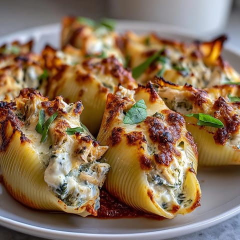 Twelve jumbo pasta shells filled with creamy Greek yogurt pesto chicken, baked in zesty marinara.