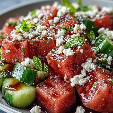 Fresh, juicy watermelon feta cucumber salad with crisp cucumber, salty feta, and a sweet balsamic glaze on a white platter.