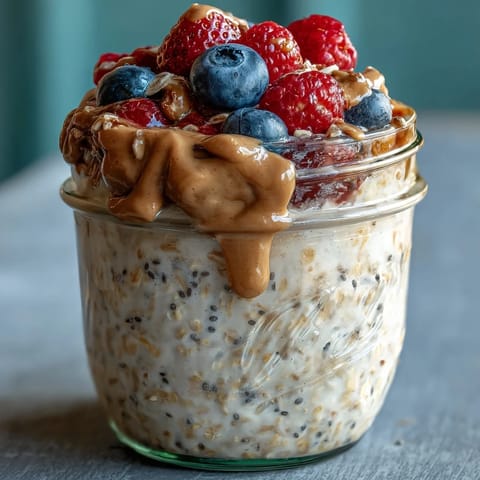 Clean Eating Berry Overnight Oats with Almond Butter Swirl served chilled for a quick, healthy breakfast.
