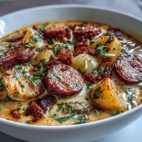 Hearty bowl of creamy Cajun potato soup with andouille sausage, topped with green onions and served with crusty bread.  