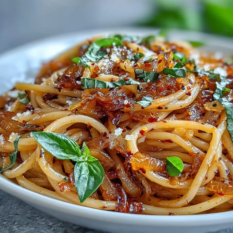 Aromatic chili oil drizzled over pasta with golden caramelized onions and fresh basil.  