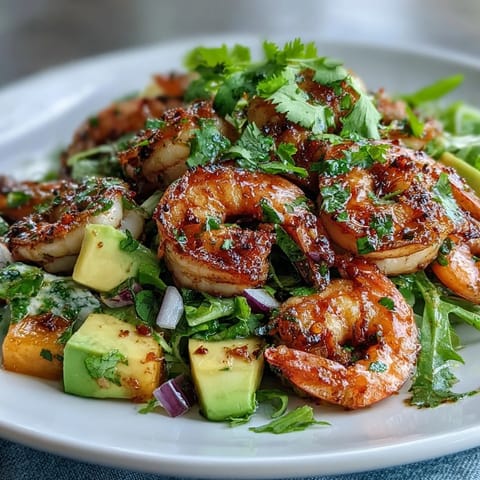 Grilled shrimp and mango avocado salad with chili-lime vinaigrette, featuring juicy shrimp and creamy avocado on crisp greens.  