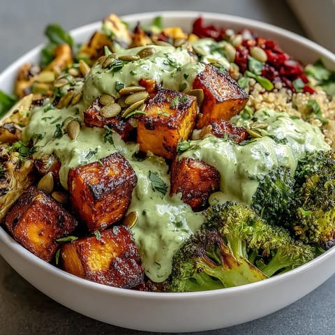 Colorful vegan Buddha bowl with roasted sweet potato, broccoli, and bell pepper, topped with creamy green goddess avocado dressing and crunchy pumpkin seeds.