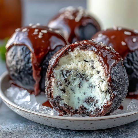 1. A close-up of black sesame mochi ice cream balls with a glossy, chewy mochi shell wrapped around creamy, nutty black sesame ice cream.  