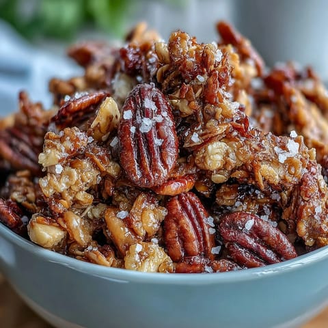 A bowl of homemade salted honey granola with crunchy oat clusters, toasted nuts, and a drizzle of golden honey.
