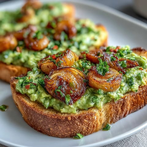 Creamy avocado spread on crusty sourdough, drizzled with tangy chilli-lime dressing and sprinkled with crispy golden shallots.
