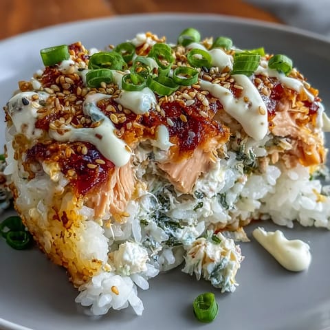 1. A colorful salmon sushi bake casserole with creamy seafood filling, seasoned rice, and vibrant toppings, served with crispy seaweed sheets.  