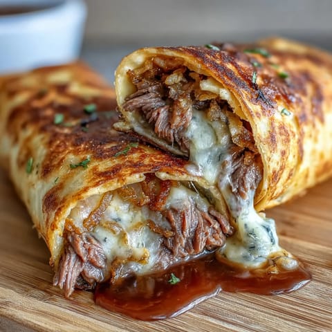 Savory French dip roll ups with tender roast beef and provolone cheese wrapped in a tortilla, baked until crisp and ready for dipping.