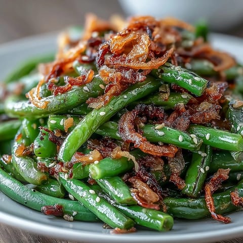 Vibrant green beans tossed in savory sesame-garlic sauce, finished with toasted sesame seeds and crispy onion topping.