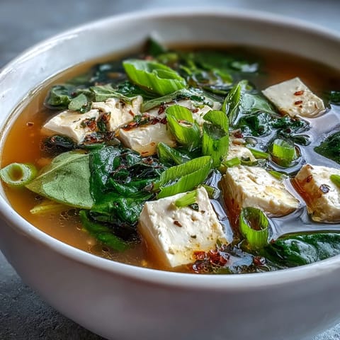 A warm bowl of miso soup with soft tofu, fresh spinach, and sliced green onions in a savory broth.  